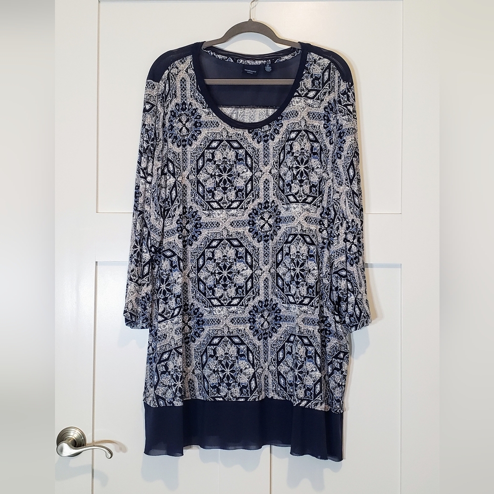 Westbound Woman Tunic Top Floral Rayon Stretch Blues White Taupe 3X